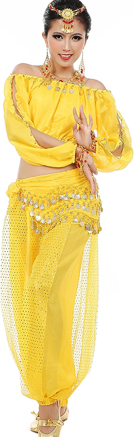 Astage Frauen Bauchtanz Anzug Kostüm Active Wear Longsleeve Top Hosen Taille-Gürtel-Sets Gelb 32-40,
