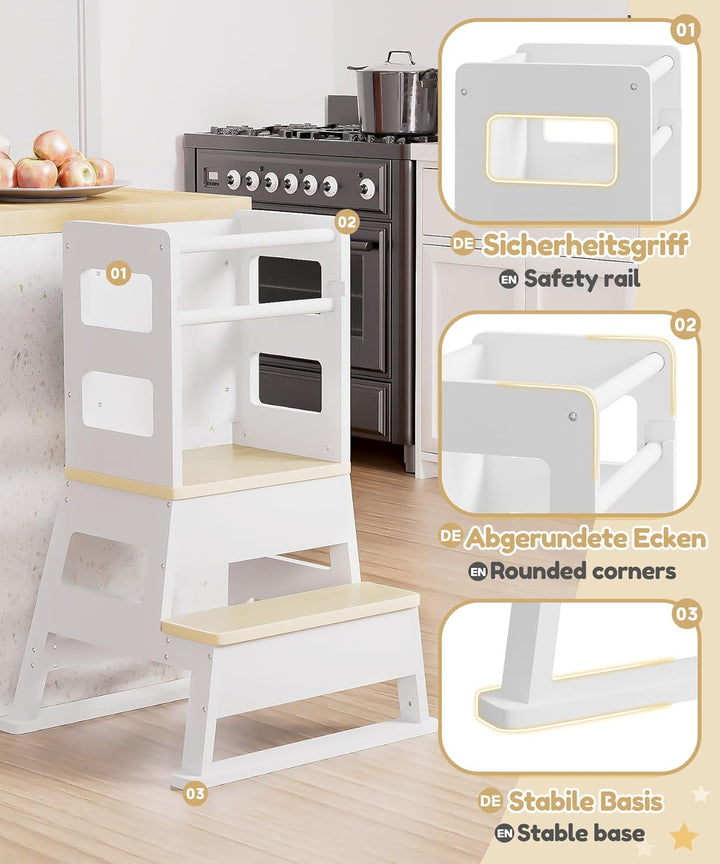 Yorbay Kinder Lernturm ab 1 Jahr: Stylisch Learning Tower mit Tafel - Massiv Montessori Lernturm Kin