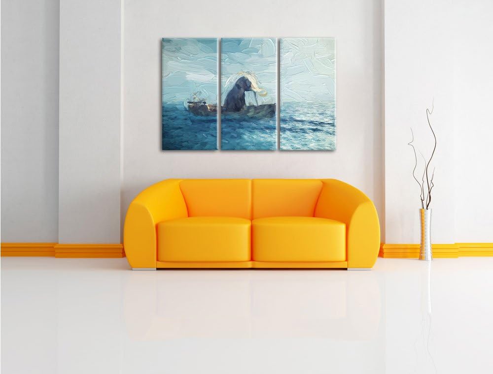 Pixxprint sitzender Elefant im Boot als Leinwandbild/Grösse: 3 Teilig (120x80) / Wandbild/Kunstdruck