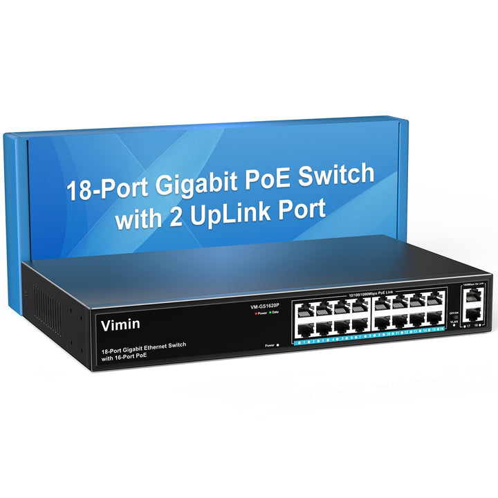 VIMIN 16-Port Gigabit PoE Switch mit 2 Uplink Gigabit Ports, 18-Port Unmanaged Ethernet PoE Switch m