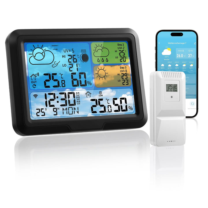 Wetterstation Wlan,Mit Aussensensor & Wettervorhersage,Mit App Tuya Und Smartlife,Digital Farbdispla