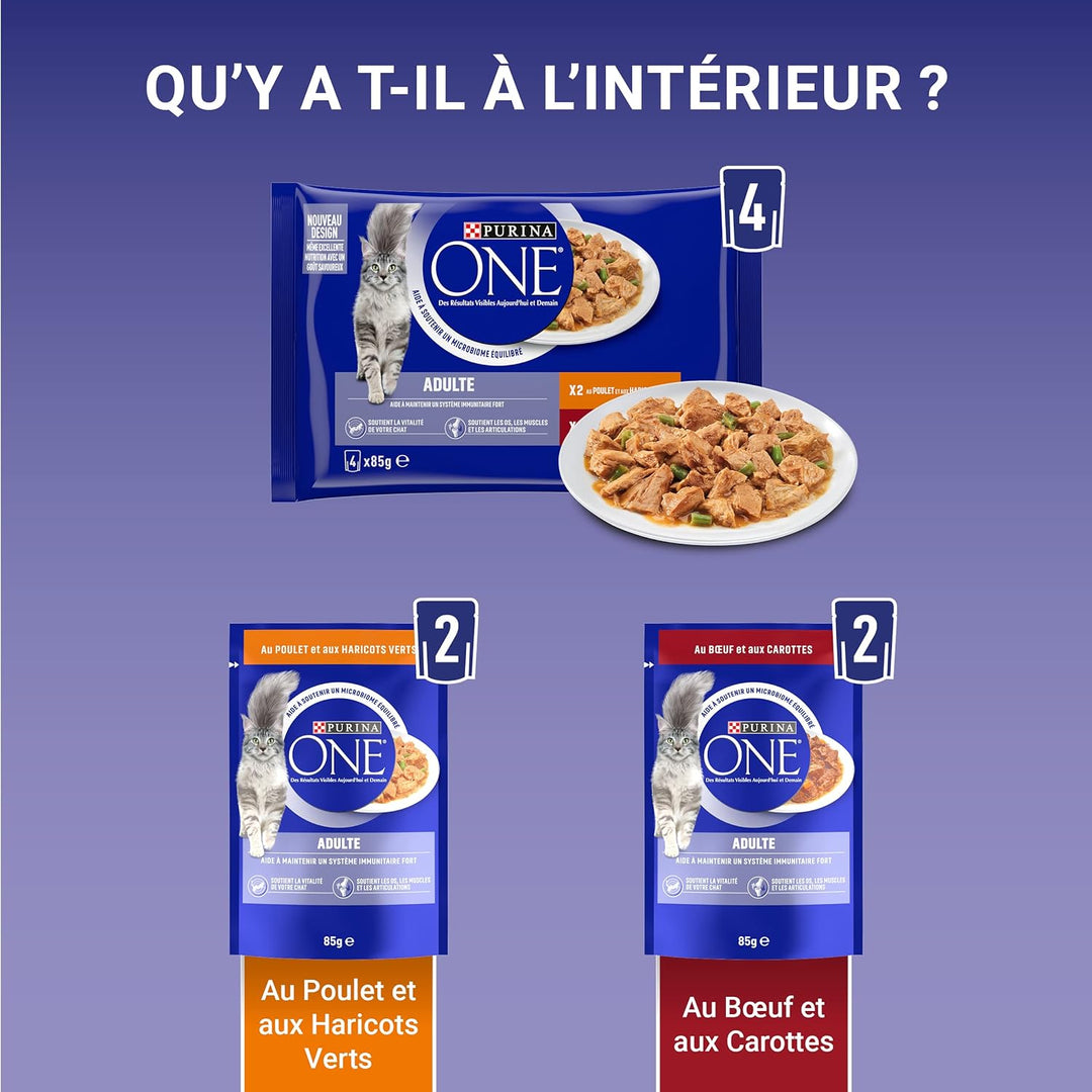 Purina One Schliff in Sauce, Mahlzeit für ausgewachsene Katzen, Hähnchen & Rind, 12 (4 x 85 g), Hähn