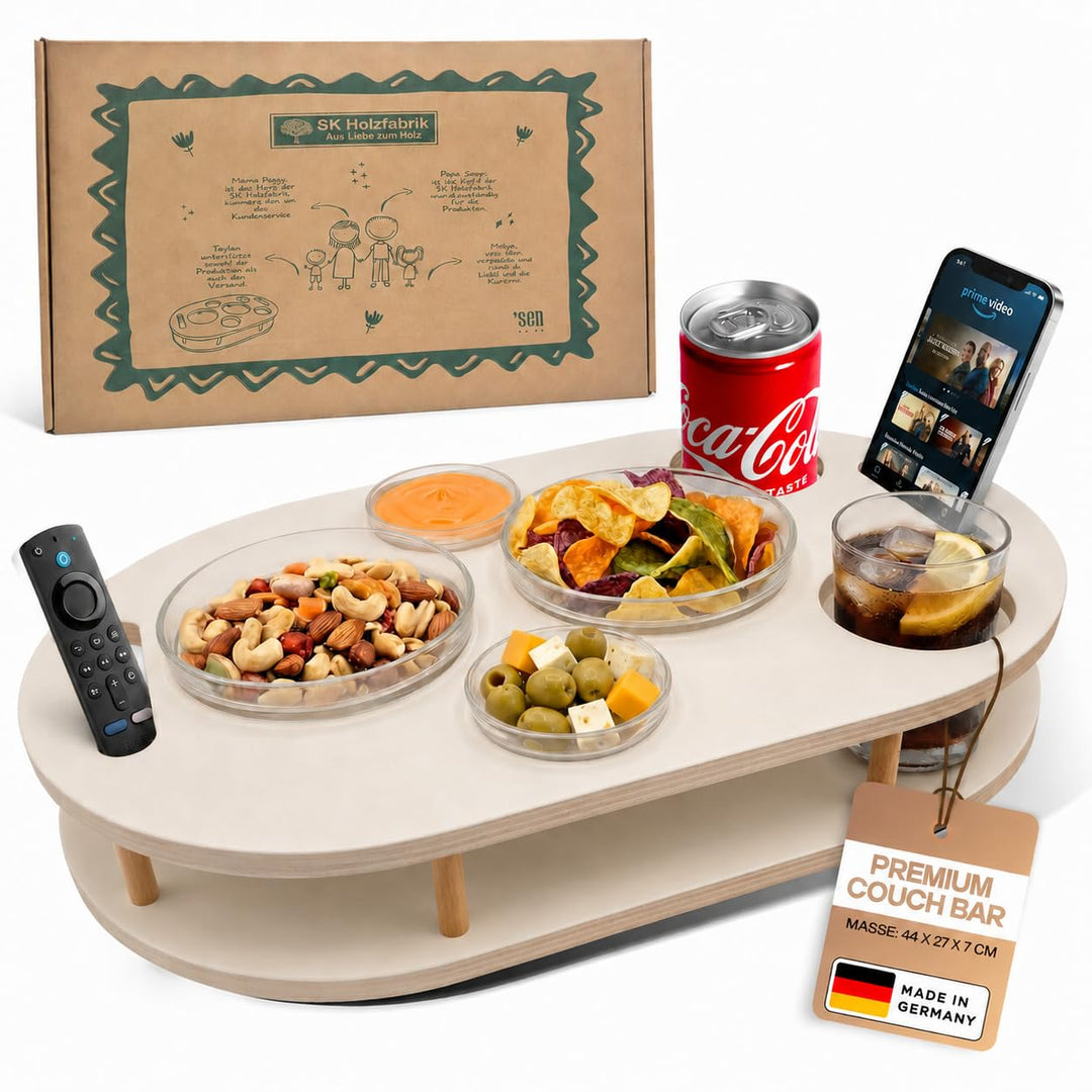 Couchbar Snackbox in weiss mit 4 Glasschalen - Sofabar für Snacks und Getränke - Getränkehalter für