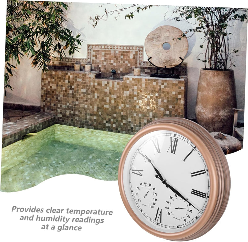 DOITOOL wasserdichte Gartenwanduhr Thermohygrometer Runde Wanduhr Wasserfeste Outdoor-Uhr Wasserfest