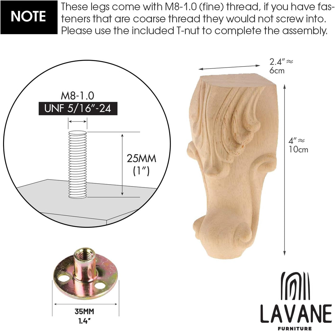 La Vane 4 Stück Massivholz Möbelfüsse 10cm (4 Zoll) - Europäischer Stil Handgeschnitzte Tischbeine,