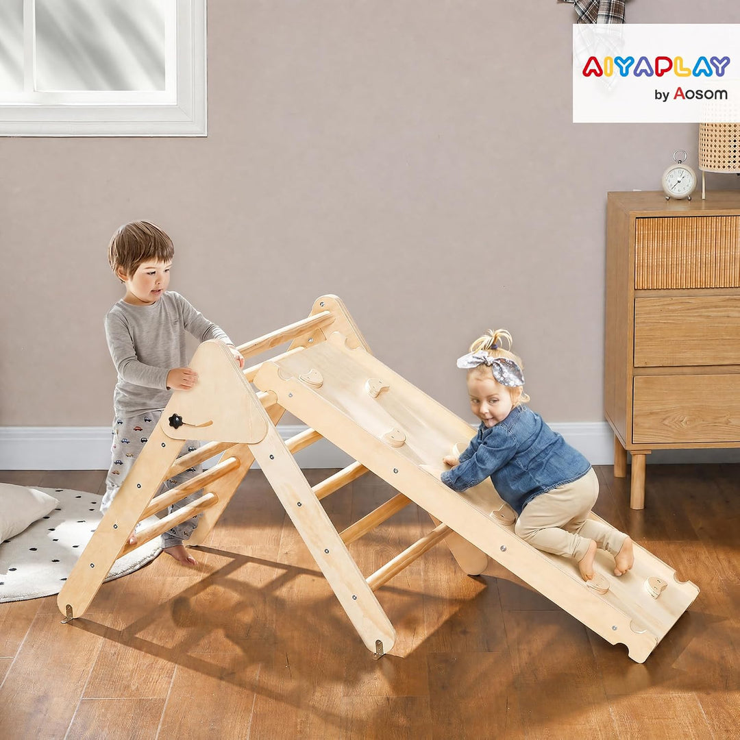 AIYAPLAY 2-in-1 Montessori Klettergerüst aus Naturholz Indoor Kletterdreieck mit Rutsche Indoor Spie