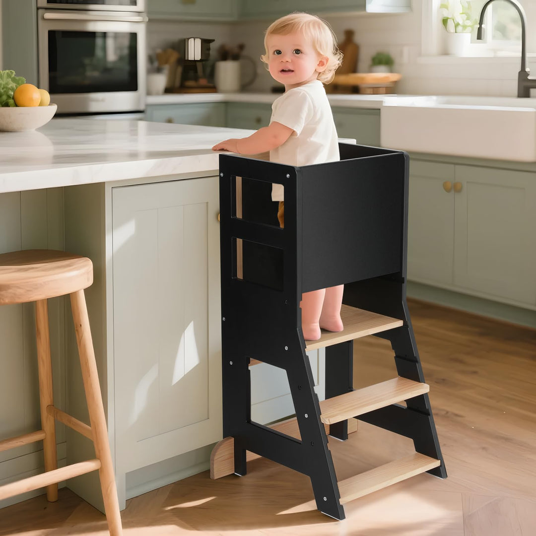 KIDINIX Kinder Lernturm ab 1 Jahr, Learning Tower mit Tafel, Höhenverstellbar, Montessori-Lernstuhl