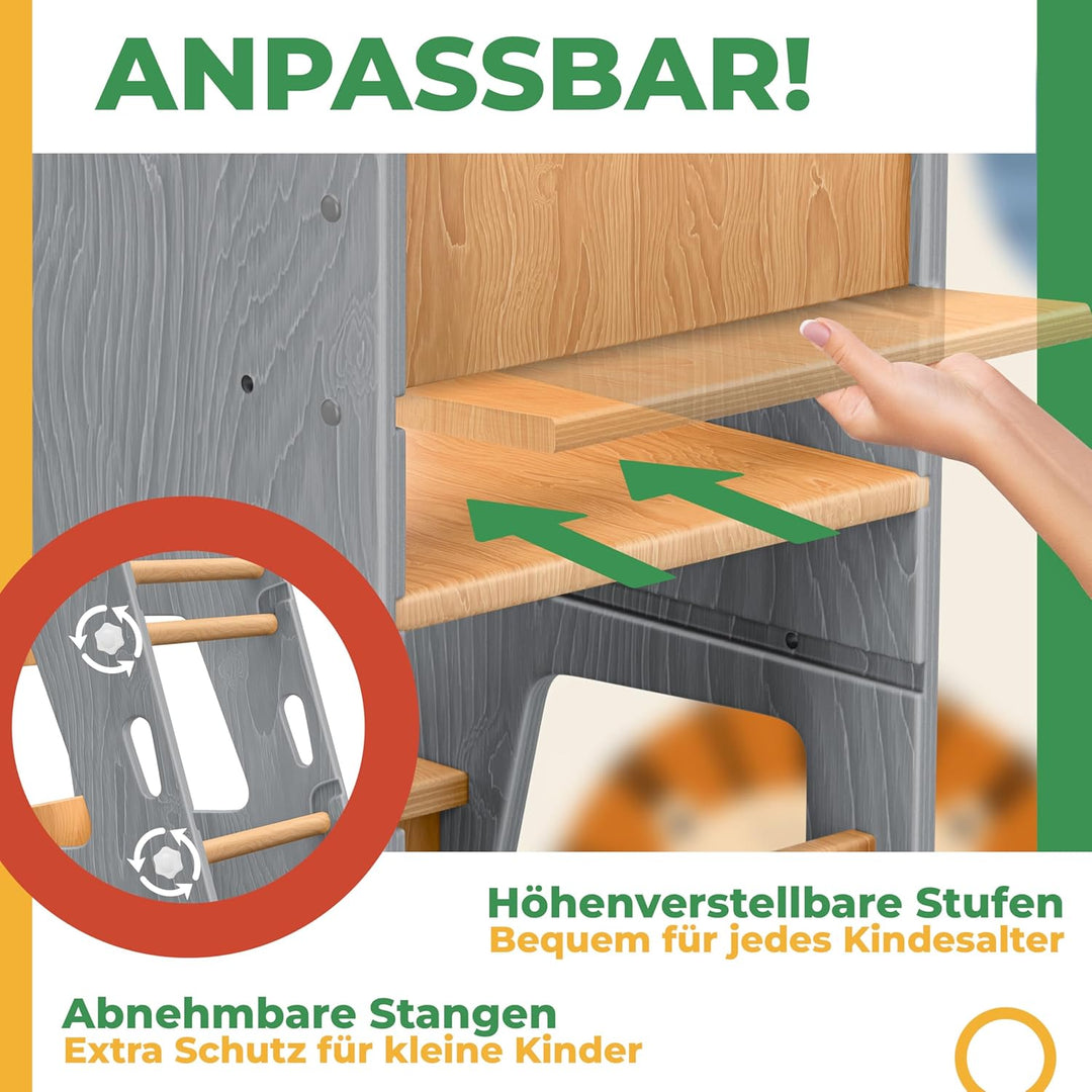 KIDIZ® Lernturm für Kinder ab 1 Jahr inkl. Lernuhr | 3-stufig Höhenverstellbarer Tritthocker aus Kie