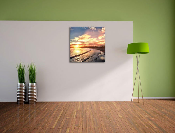 Los Angeles Beach, Format: 70x70 auf Leinwand, XXL riesige Bilder fertig gerahmt mit Keilrahmen, Kun