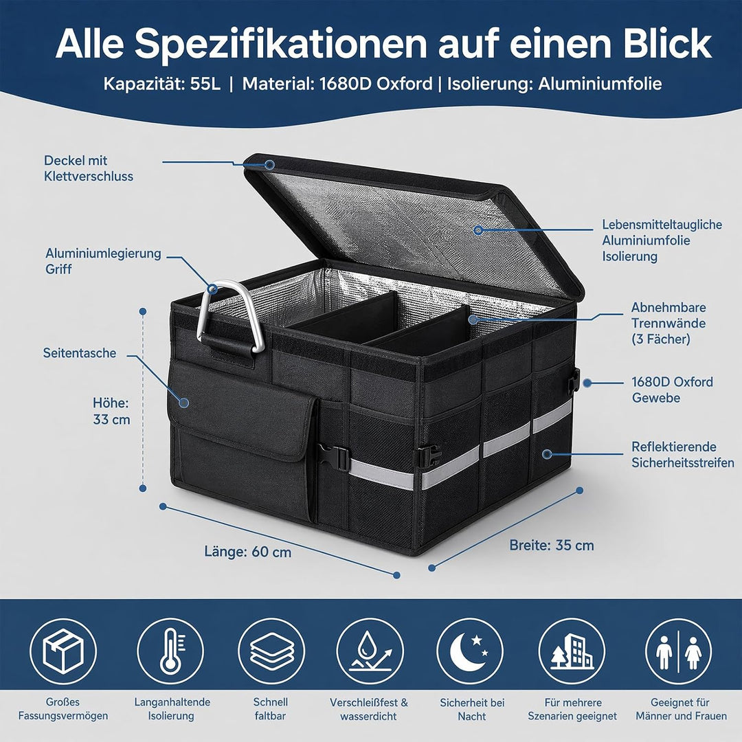 Kofferraum Organizer Deckel - 72L Auto-Aufbewahrungsbehälter Isolierung | Alu-Griffe Trennwände Refl