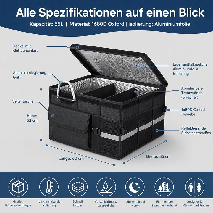 Kofferraum Organizer Deckel - 72L Auto-Aufbewahrungsbehälter Isolierung | Alu-Griffe Trennwände Refl