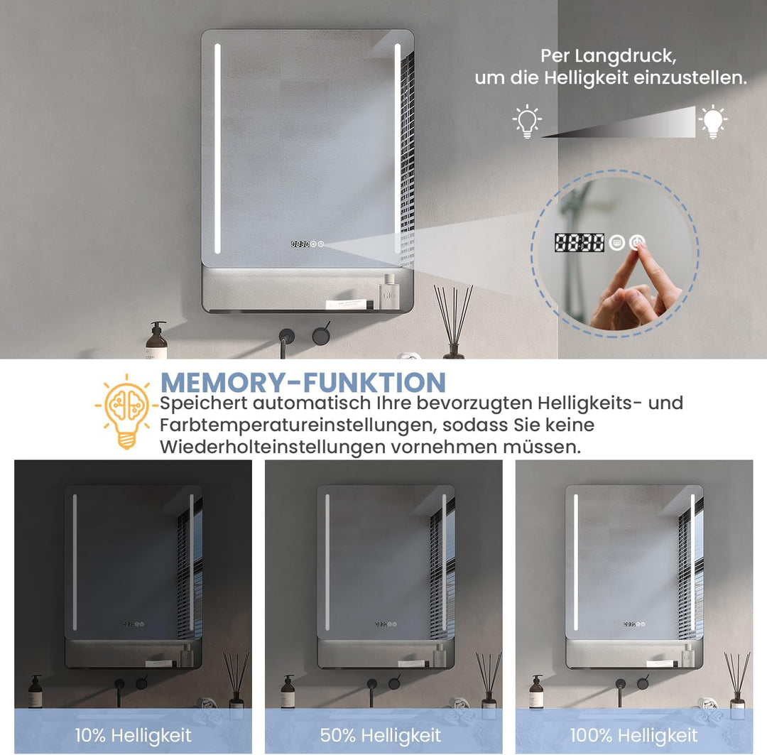 AQUABATOS LED Spiegel mit Uhr 60x80 cm Badspiegel mit Beleuchtung und Uhrzeit Aluminiumrahmen Ablage