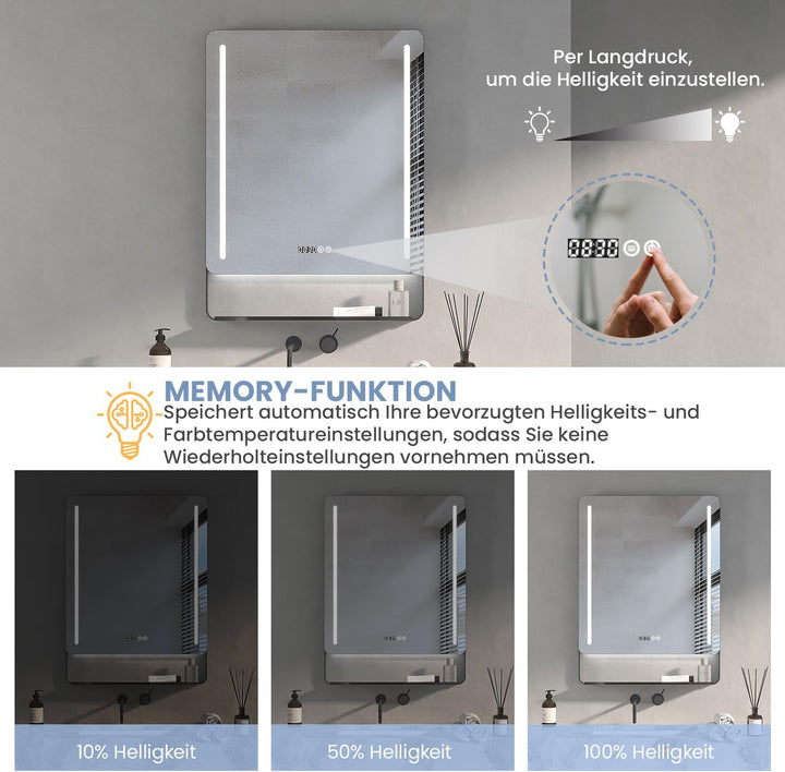 AQUABATOS LED Spiegel mit Uhr 60x80 cm Badspiegel mit Beleuchtung und Uhrzeit Aluminiumrahmen Ablage