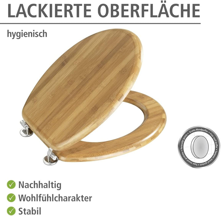 WENKO WC-Sitz Bambus, Toilettensitz aus echtem Bambus, WC-Deckel mit rostfreien Edelstahl-Scharniere