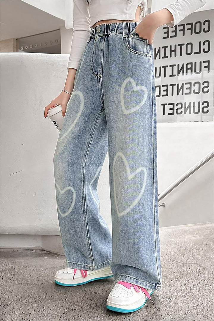 Rolanko Mädchen Jean Hosen Loch Denim Blau Jeans, Vintage Hose mit weitem Bein für Kinder Fit 10-11