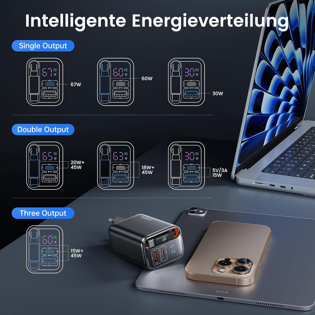 toocki USB C Ladegerät, 3Port GaN Mehrfach Ladegerät mit Schnell Einziehbares Ladekabel,67W USB C Ne