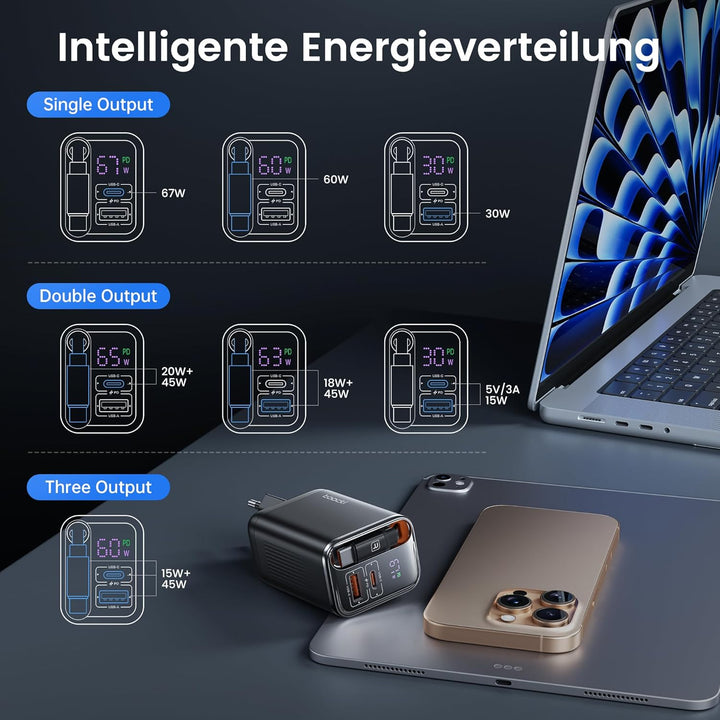 toocki USB C Ladegerät, 3Port GaN Mehrfach Ladegerät mit Schnell Einziehbares Ladekabel,67W USB C Ne