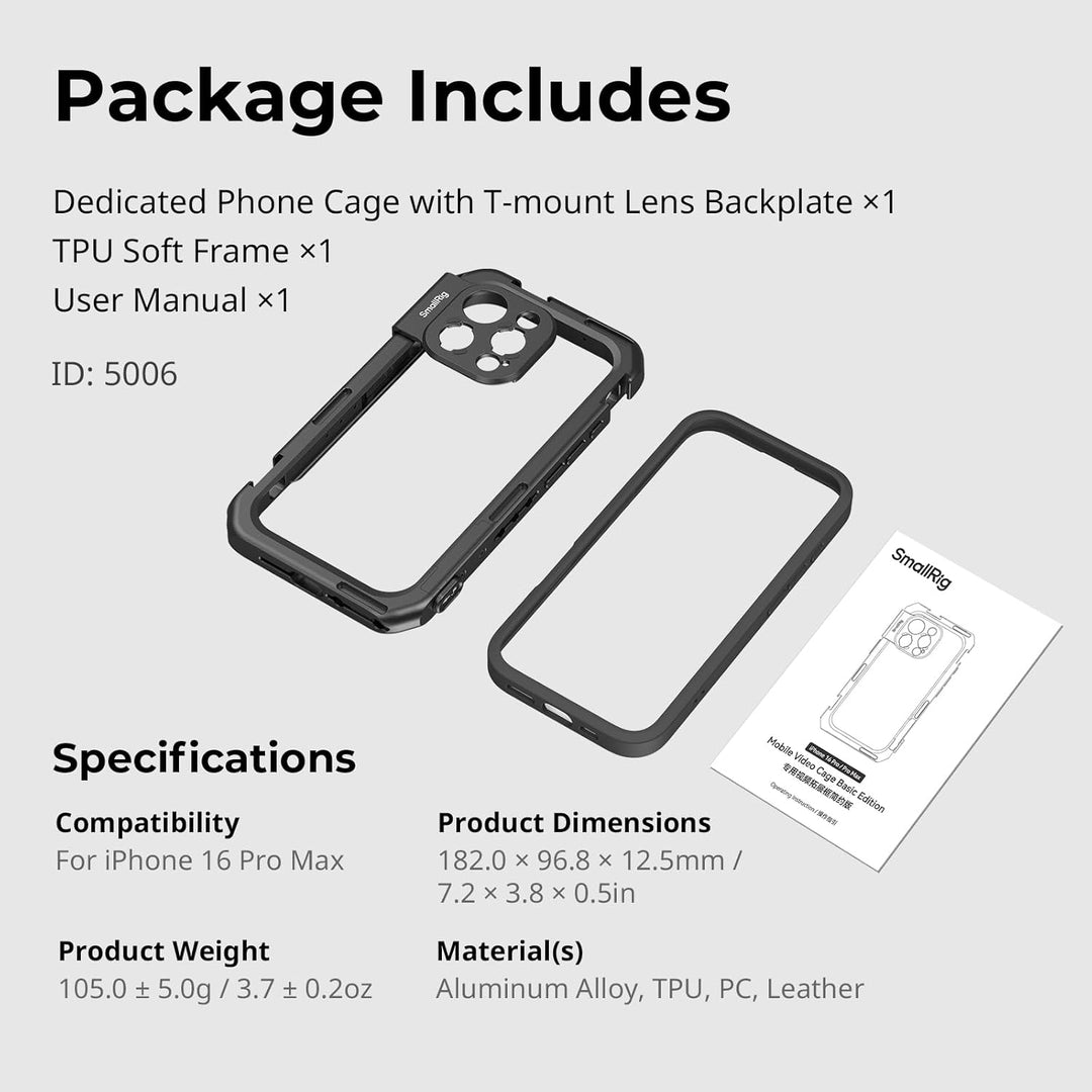 SMALLRIG Mobile Video Cage Basic Edition für iPhone 16 Pro Max mit T-Mount-Objektivrückplatte, TPU-S
