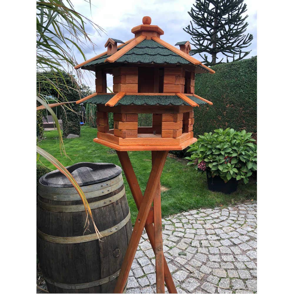 Vogelvilla wetterfest von L bis XL Futterhaus Vogelhaus mit oder ohne Ständer in Braun mit Rot, Grün