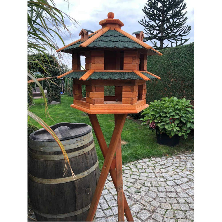 Vogelvilla wetterfest von L bis XL Futterhaus Vogelhaus mit oder ohne Ständer in Braun mit Rot, Grün