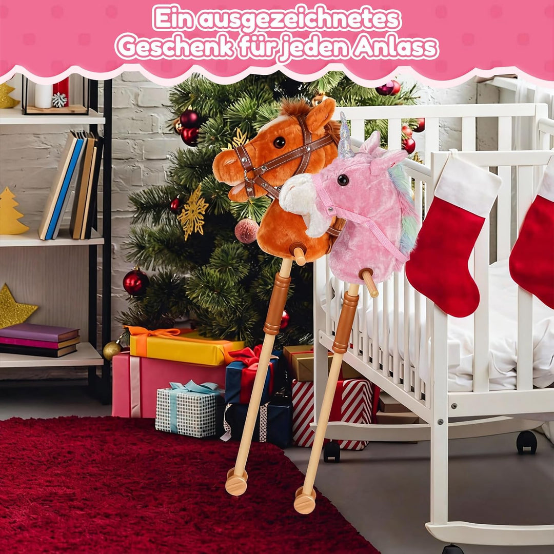 IEEILULU Hobby Horse, Steckenpferd Kinder Rosa, Holzpferd für Draussen mit Hobby Horse Trense, Räder