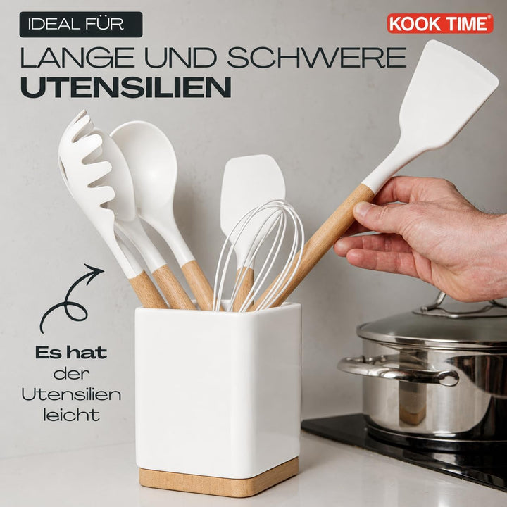 KOOK TIME Küchenutensilienhalter - Utensilienhalter küche aus keramik und Bambus - Quadratischer küc