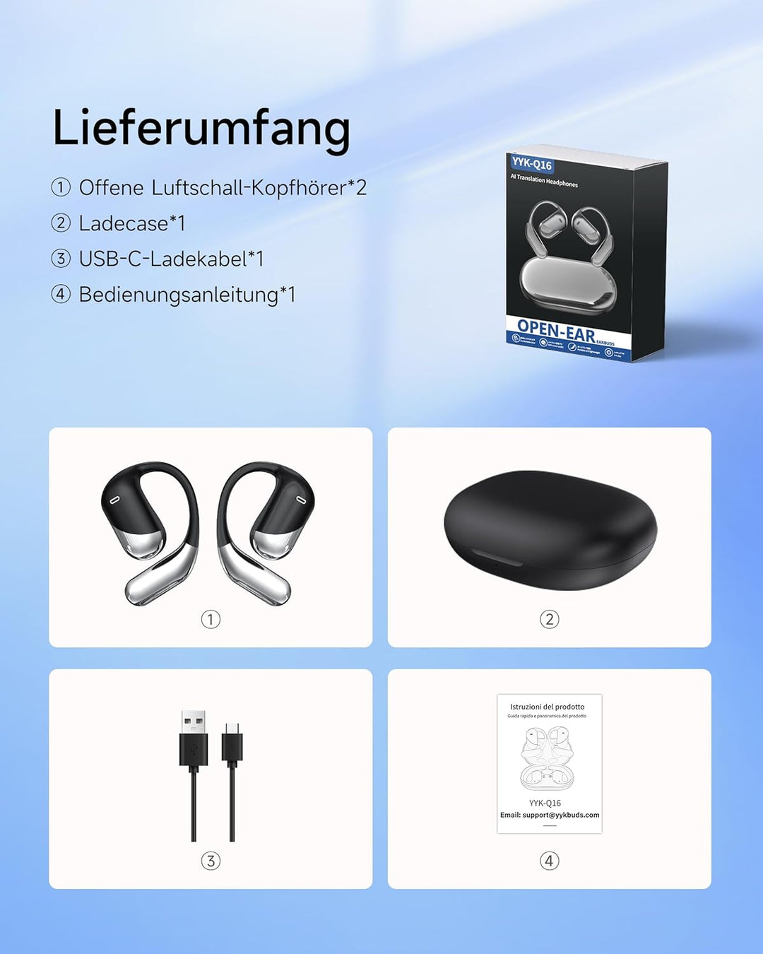 Offene Ohr Kabellose Ohrhörer, Sport Bluetooth Kopfhörer mit Echtzeitübersetzung, 80 Stunden Akkulau