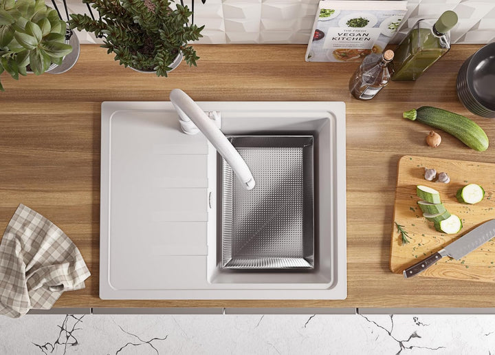 PRIMAGRAN Granitspüle Weiss 62x50cm, Granitspüle 1 Becken + Ablauf-Set, Küchenspüle ab 40er Untersch