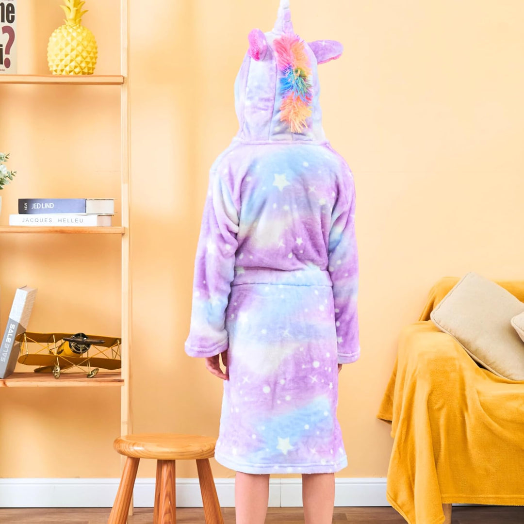 Ceruwum Einhorn Bademantel für Mädchen Weich Fleece Morgenmäntel mit Kapuze 4-5 Jahre Lila Sterne, 4