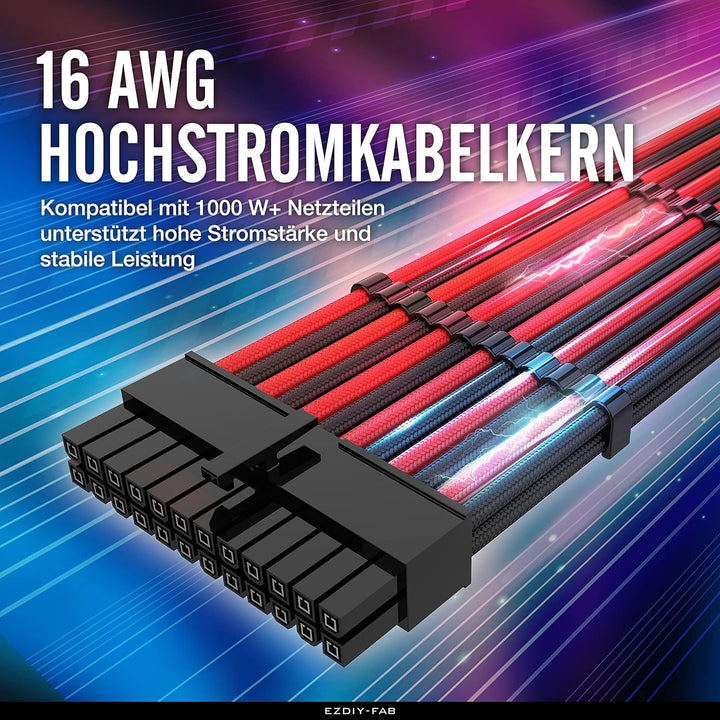 EZDIY-FAB Sleeved Cable Verlängerungskabel für Stromversorgung mit extra grosser Hülse, 24-polig, 8-