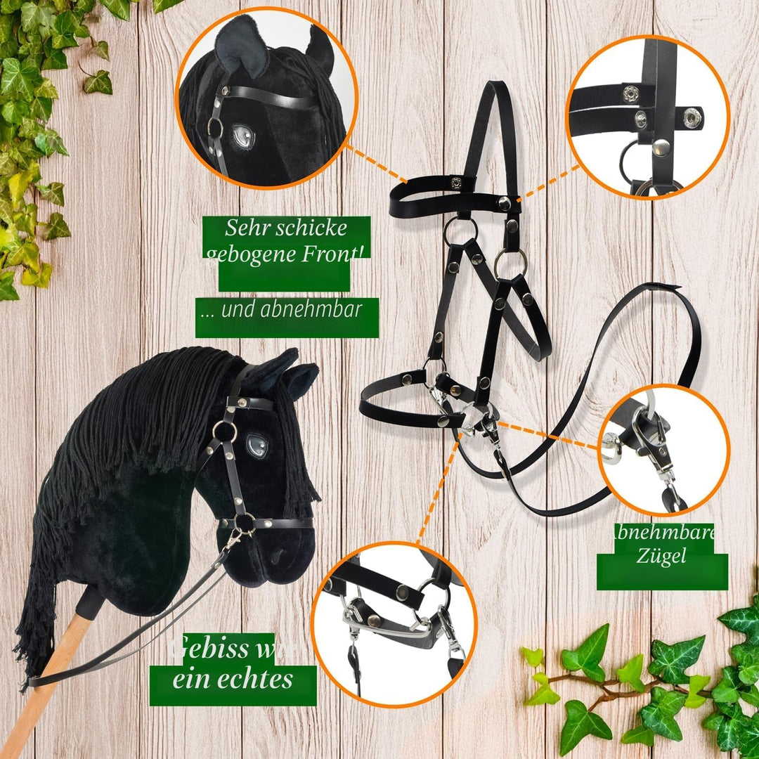 Hobby Horse Friese Schwarz A3 – Steckenpferd Komplettset mit Zaumzeug, Zügeln, Gebiss &amp; weisser Flie
