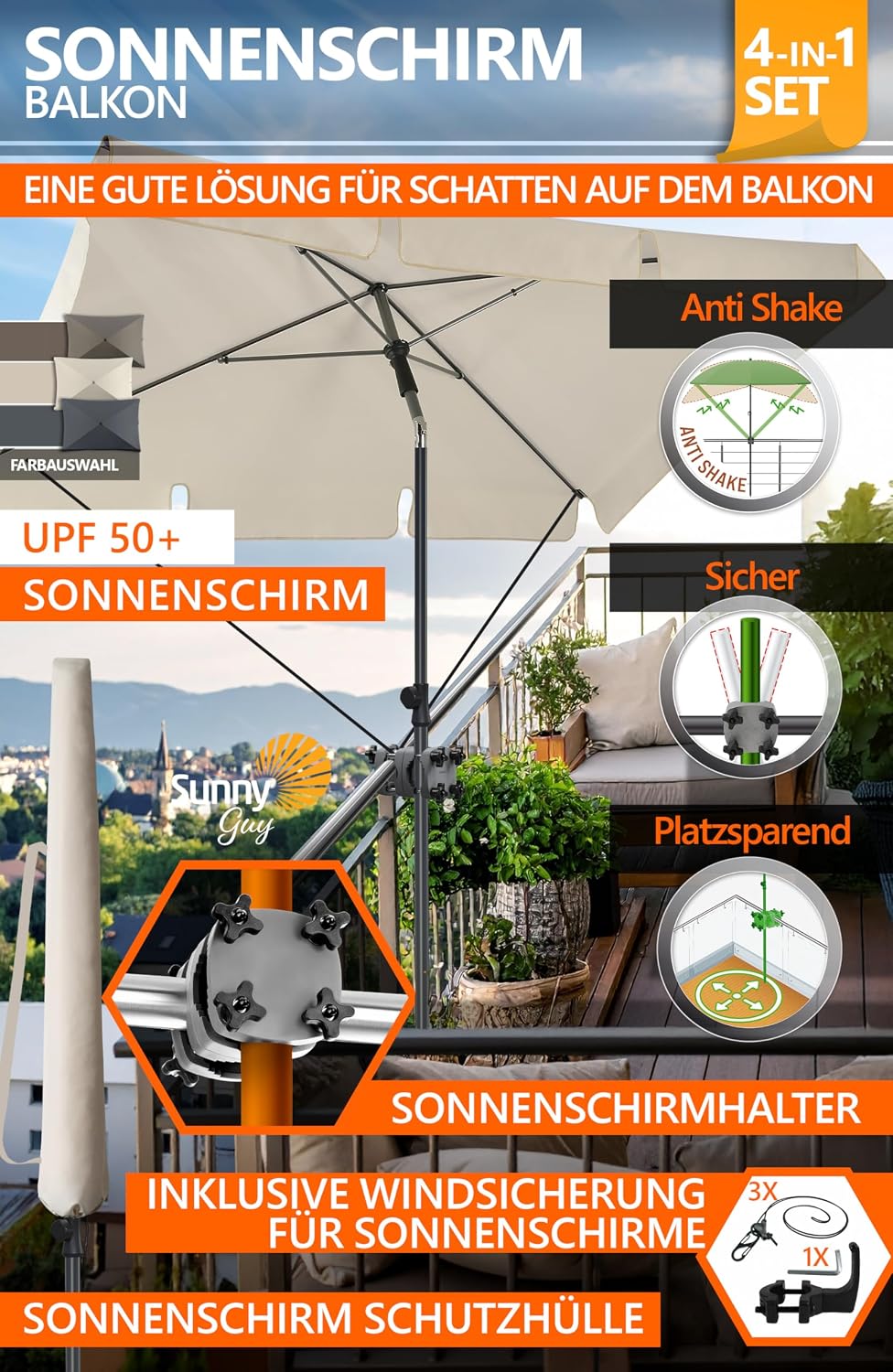 4smile Sonnenschirm Balkon SunnyShade, Beige - 4-in-1 SET Sonnenschutz Balkon - UPF 50+ Sonnenschirm