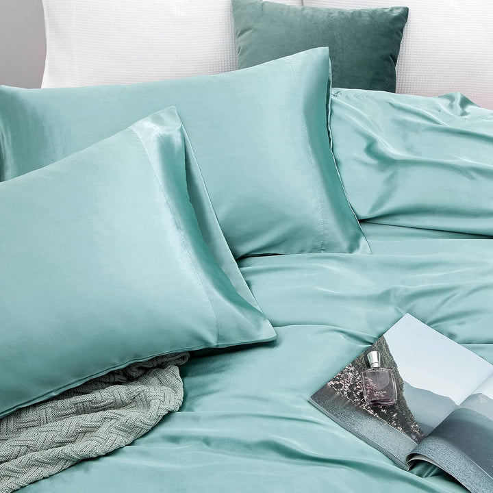 Vonty Satin-Bettlaken für King-Size-Betten, seidig weiches Satin, Aqua-Satin, 1 Spannbetttuch mit ti