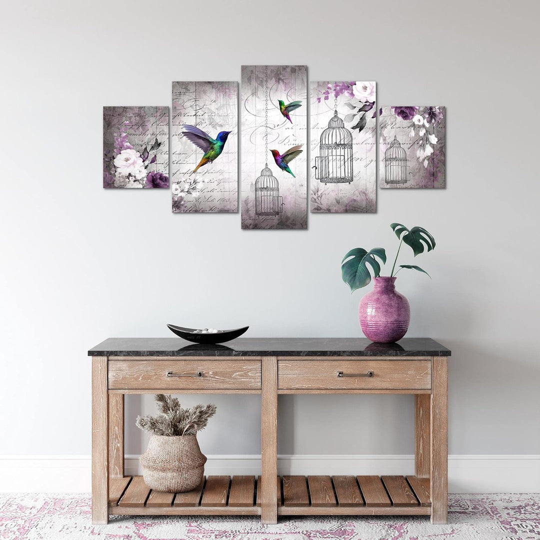 Runa Art Wandbilder Vogel Vintage 5 Teilig Bild auf Vlies Leinwand Deko Wohnzimmer Schlafzimmer Blum