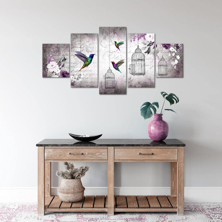 Runa Art Wandbilder Vogel Vintage 5 Teilig Bild auf Vlies Leinwand Deko Wohnzimmer Schlafzimmer Blum