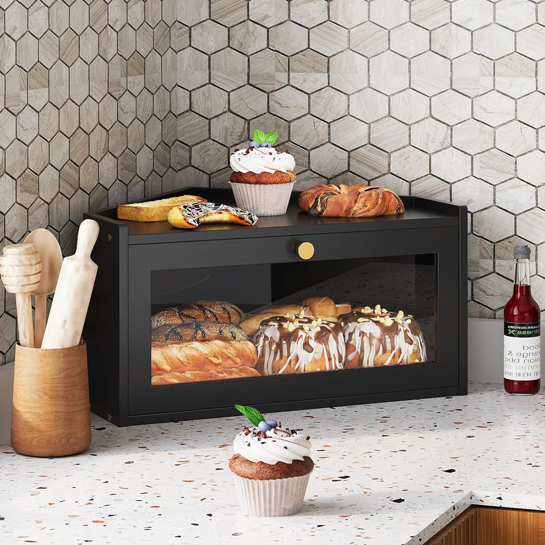 VEDECASA Eck-Brotkasten aus Bambus für die Küche Grosser Brotkasten mit Acryl-Tür Platzsparende Brot