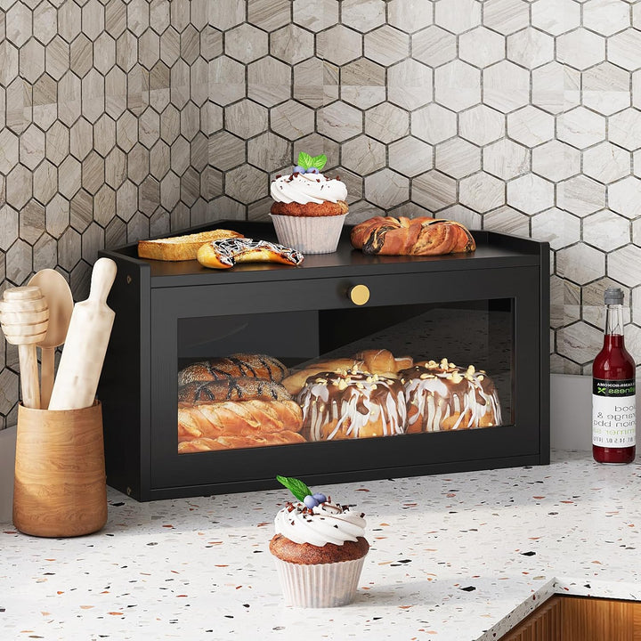 VEDECASA Eck-Brotkasten aus Bambus für die Küche Grosser Brotkasten mit Acryl-Tür Platzsparende Brot
