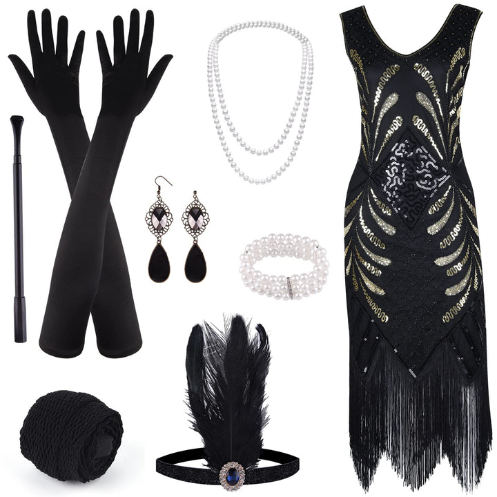 ELECLAND 1920er V-Ausschnitt Pailletten Perlen Fransenkleid mit 20er Accessoires Set M Schwarz, M Sc