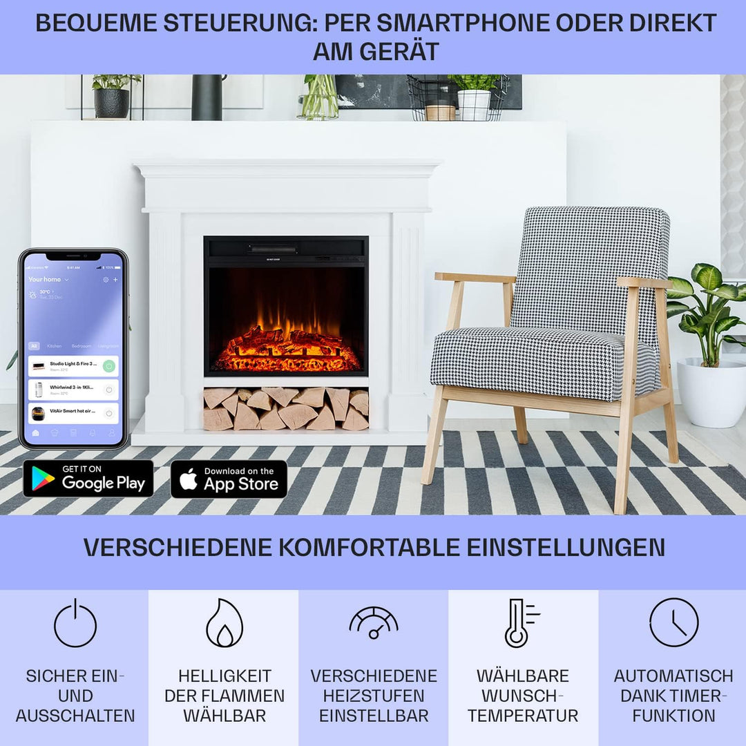 Klarstein Deko Kamin mit LED-Flammen, Elektro-Kamin mit Heizung und Kaminfeuer, 1800W Elektrischer K