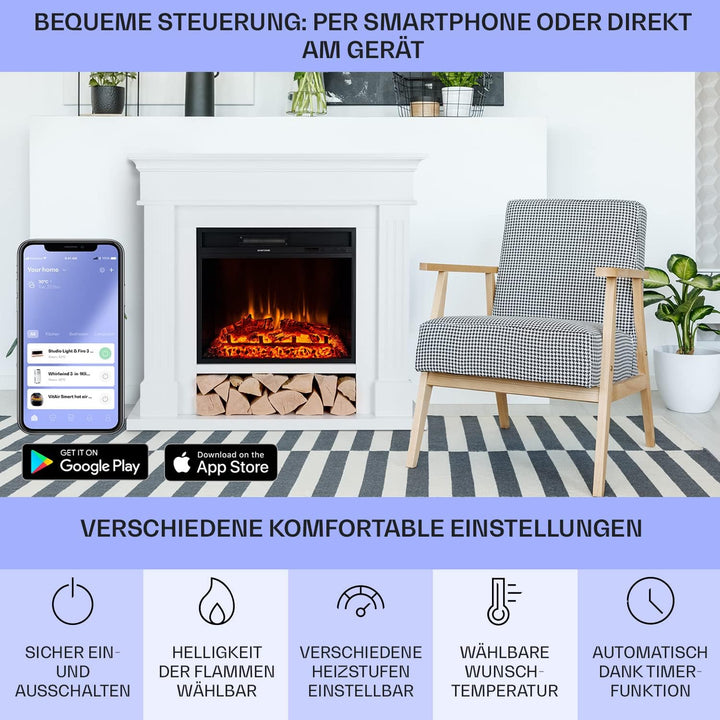 Klarstein Deko Kamin mit LED-Flammen, Elektro-Kamin mit Heizung und Kaminfeuer, 1800W Elektrischer K