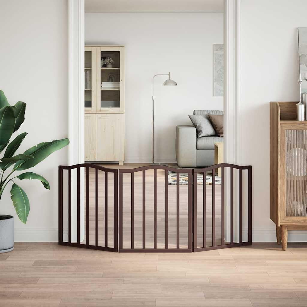 3-TLG. Hundetor faltbar Braun Eiche-Optik aus Pappelholz 150 cm freistehend für kleine und mittelgro