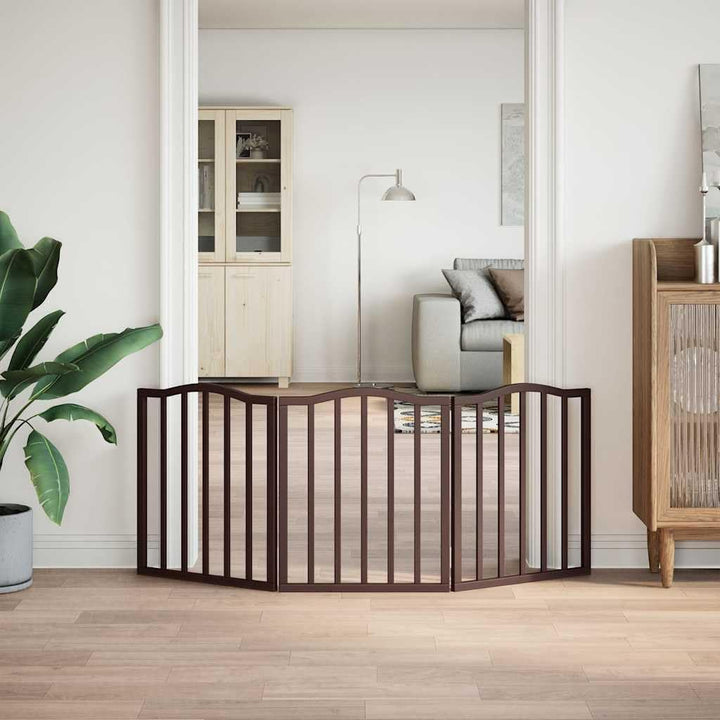 3-TLG. Hundetor faltbar Braun Eiche-Optik aus Pappelholz 150 cm freistehend für kleine und mittelgro
