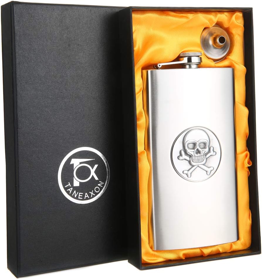 TANEAXON Flachmann mit Totenkopf-Muster, 340 ml, mit Trichter und Box, Edelstahl, auslaufsicher 12 o
