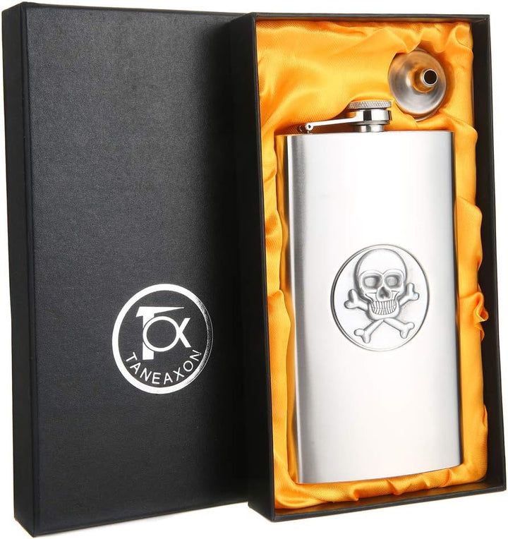 TANEAXON Flachmann mit Totenkopf-Muster, 340 ml, mit Trichter und Box, Edelstahl, auslaufsicher 12 o