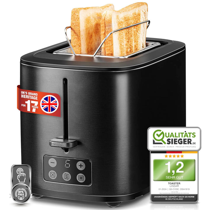 Toaster Schwarz Matt - Zwei-Scheiben-Toaster - Mit Touchscreen, 6 Bräunungsstufen, Herausnehmbarer K