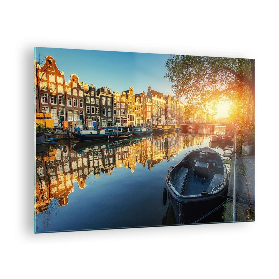 Bilder auf Glas Kanal Boot Amsterdam Wasser Glasbild 70x50cm Wandbilder Dekoration Wohnzimmer Schlaf