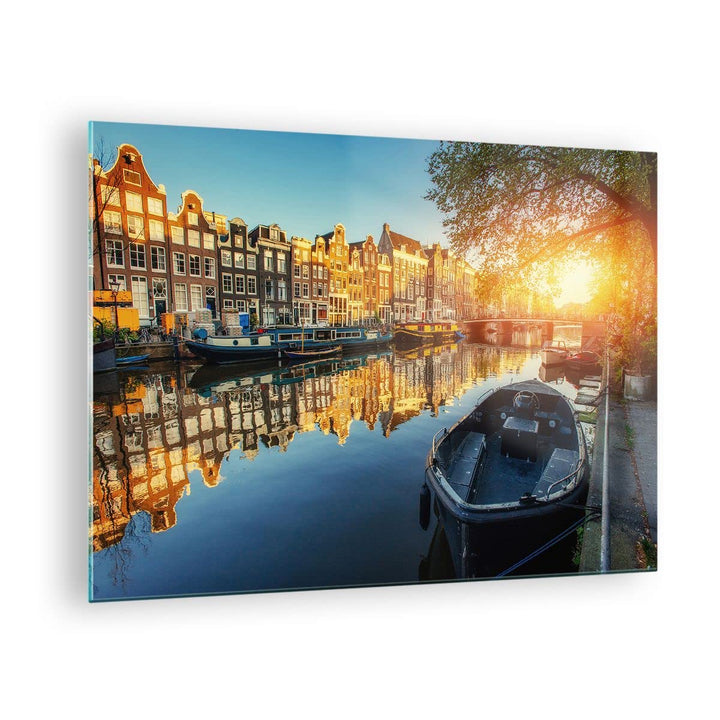 Bilder auf Glas Kanal Boot Amsterdam Wasser Glasbild 70x50cm Wandbilder Dekoration Wohnzimmer Schlaf