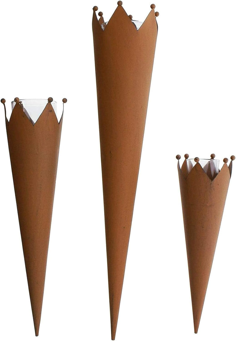 Dekoleidenschaft 3 Gartenstecker Krönchen aus Metall in Rost-Optik mit Windlicht-Glas, Gartenstecker