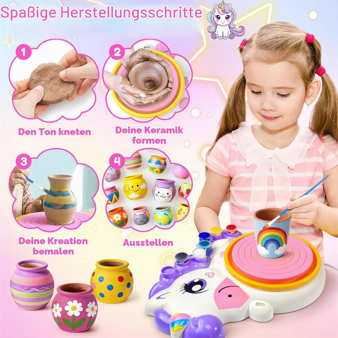 Töpferscheibe für Kinder, Einhorn Spielzeug für Mädchen 6-12 Jahre, Komplettes Töpfer-Malset mit 4 l