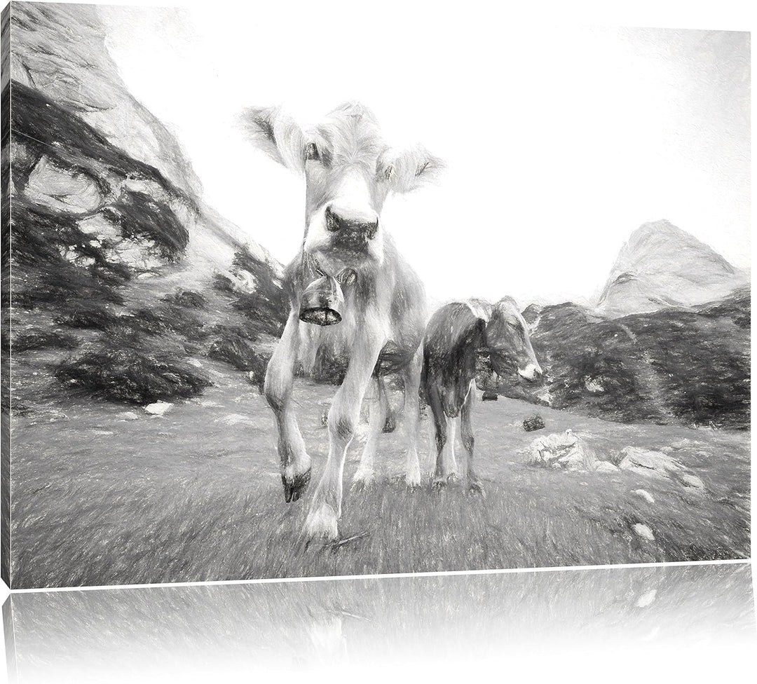 Pixxprint Almkuh auf der Weide Kunst als Leinwandbild/Grösse: 100x70 cm/Wandbild/Kunstdruck/fertig b